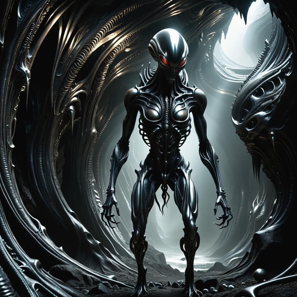 Biomechanical Alien Creature in Eerie Cave