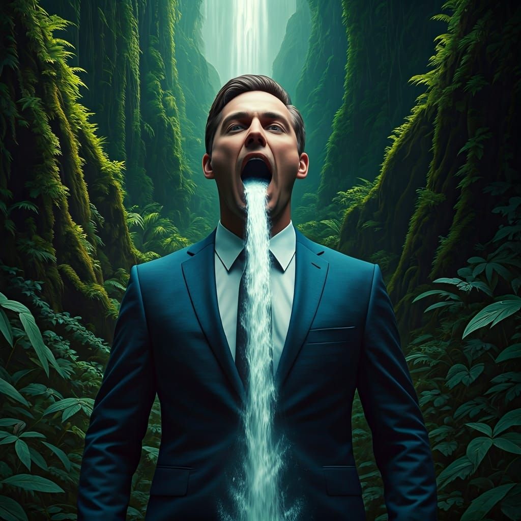 Surreal Waterfall Man in Futuristic Style