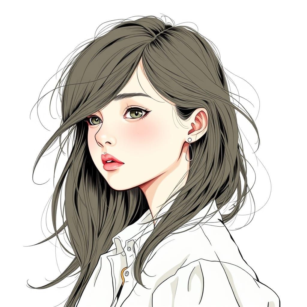 Girl with Flowing Hair, Detailed Illustration