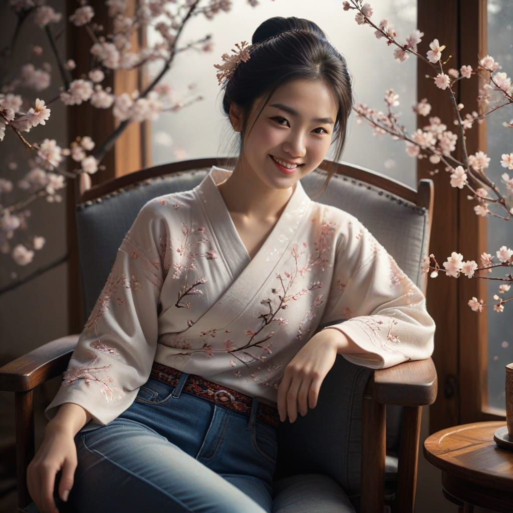 Japanese Geisha in Pastel Style with Cherry Blossoms