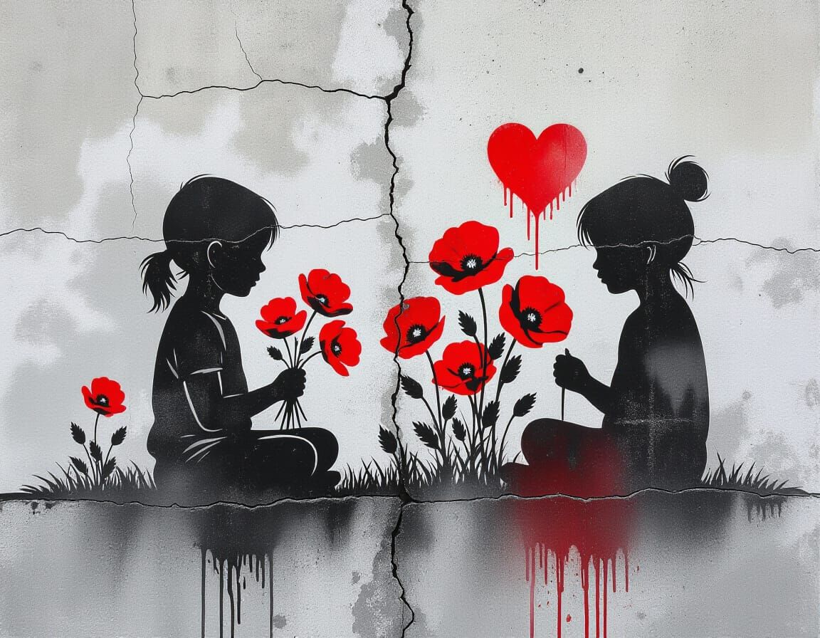 Monochrome Stencil Child with Red Poppies