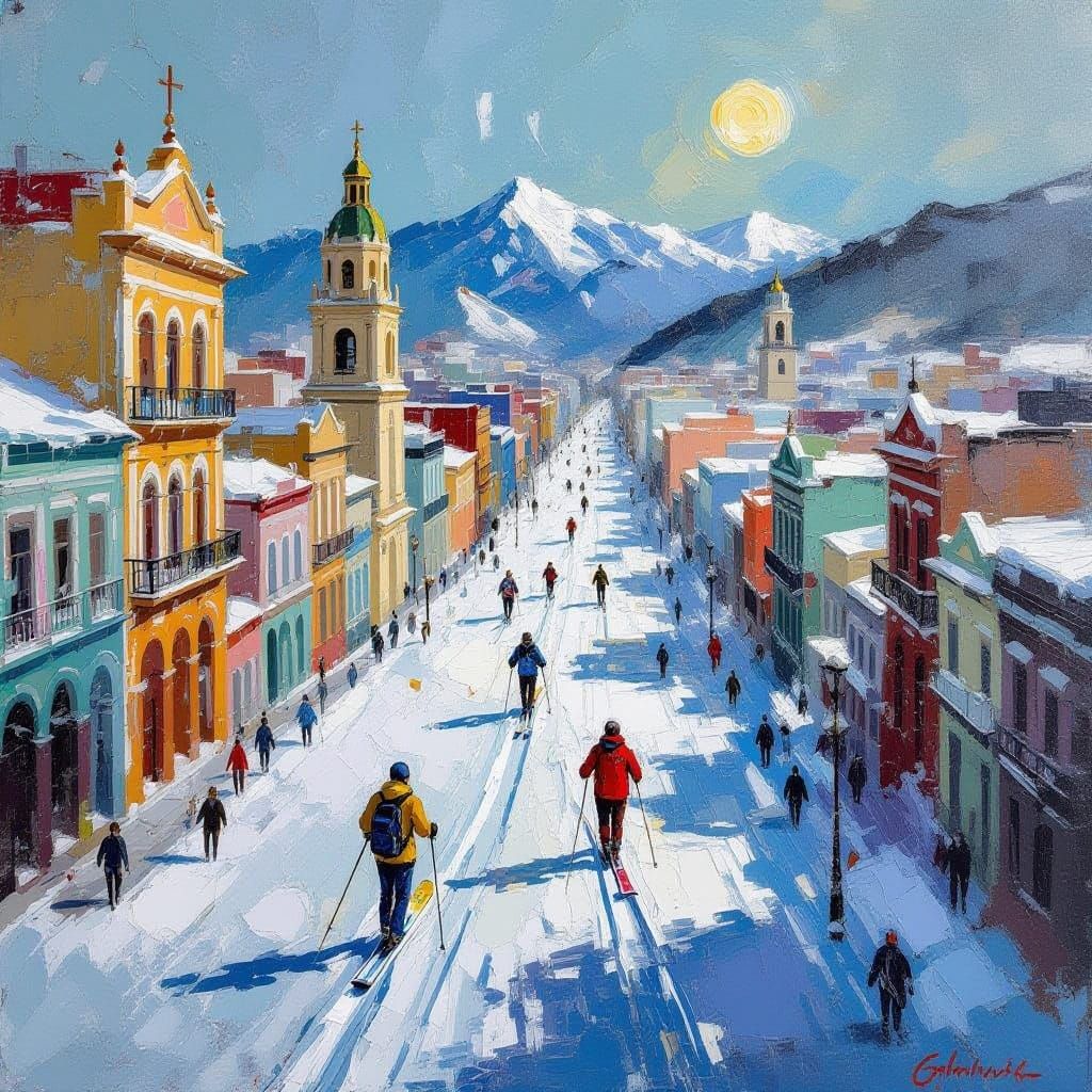Havana Cuba: Cross-Country Skiing in Neo-Impressionism Style