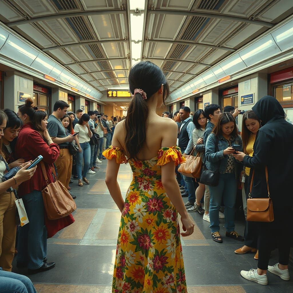 Vibrant Woman in Train Station, Digital Painting Style