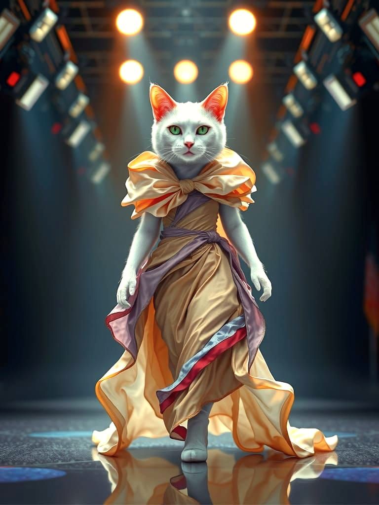 Surrealist Cat Struts Down the Runway in Cinematic Style