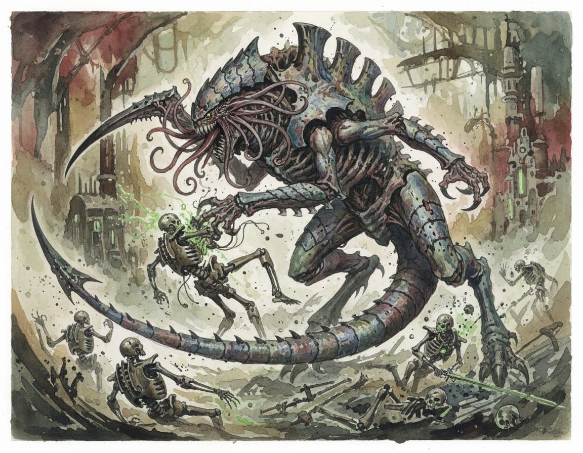 Tyranid Lictor Ambush on Necron Warriors in Watercolor Style