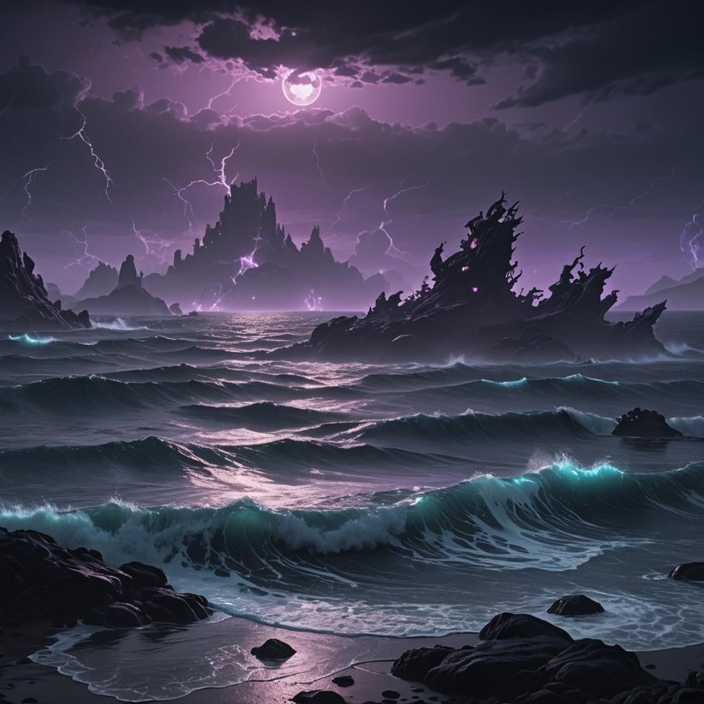 Mysterious Black Ocean in Dark Fantasy Landscape