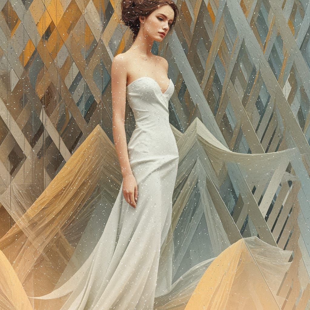 Woman in White Gown Amidst Geometric Snowfall