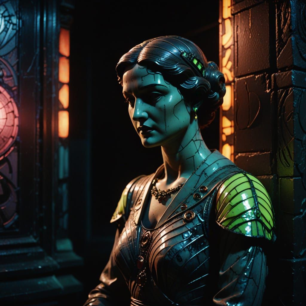 Neon-Lit Art Deco Statue of Victorian Woman