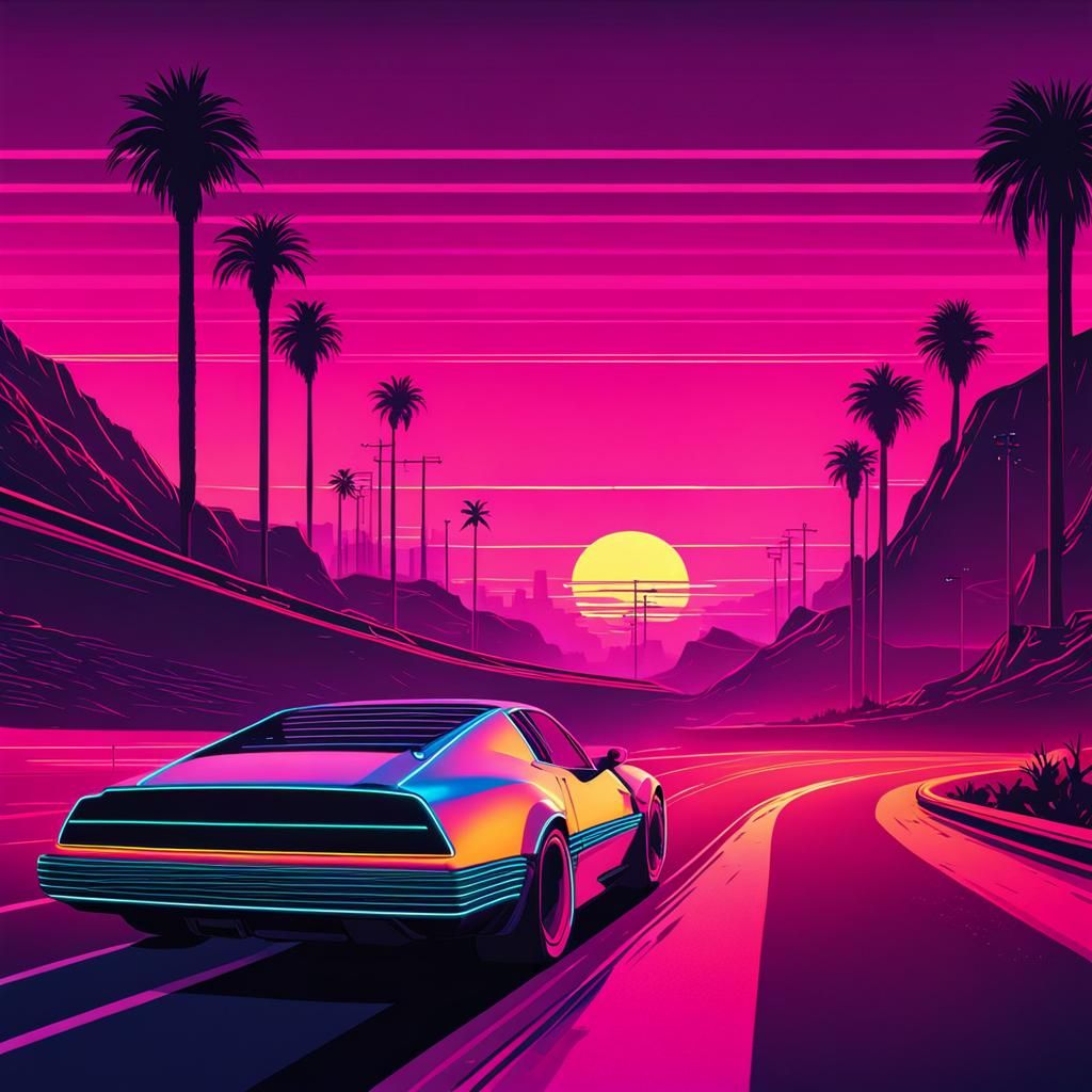 Cyberpunk Car Driving at Sunset in Neon City