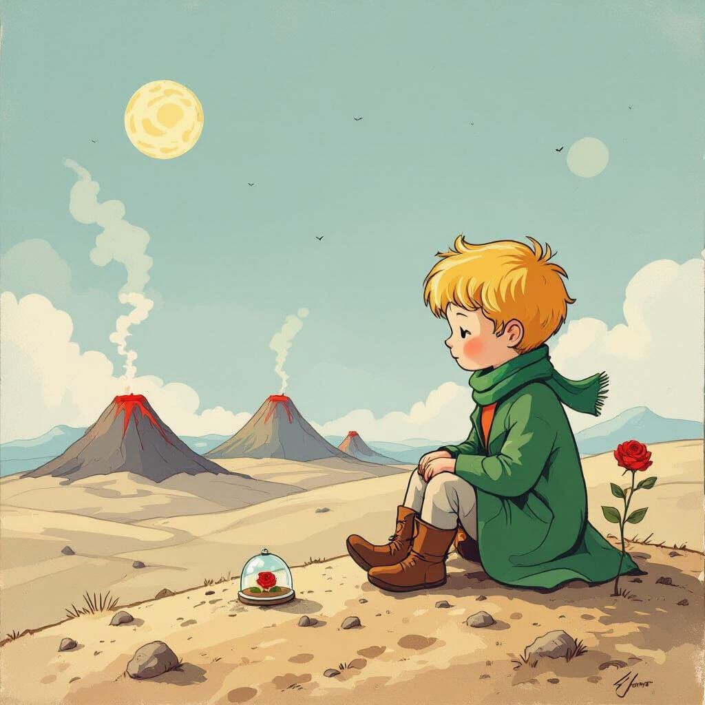 The Little Prince on a Planet with Volcanoes and a Rose