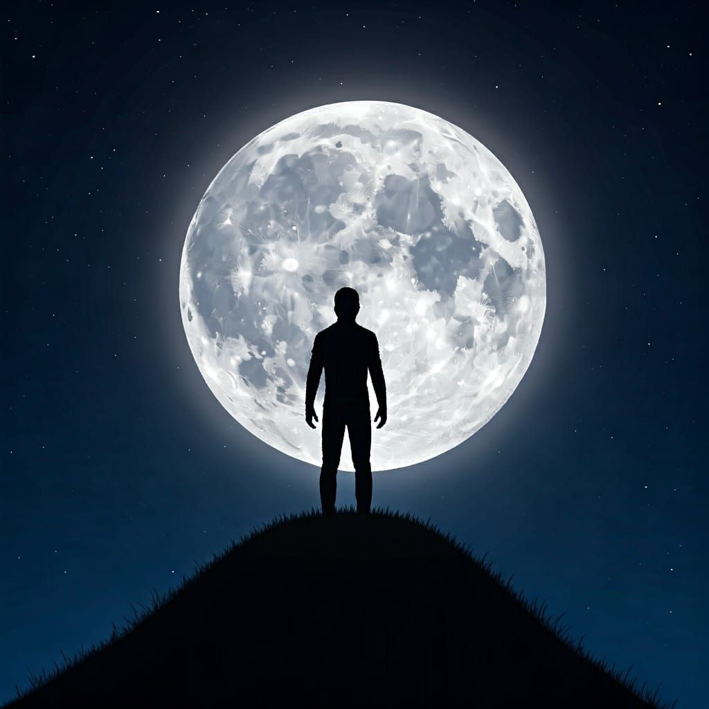 Lone Figure Silhouetted by a Full Moon