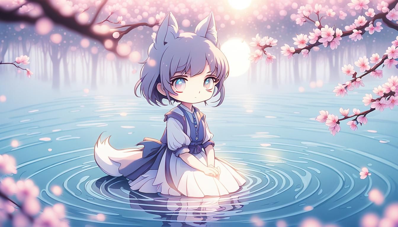 Chibi Fox Girl Kneeling by Lake in Anime Style
