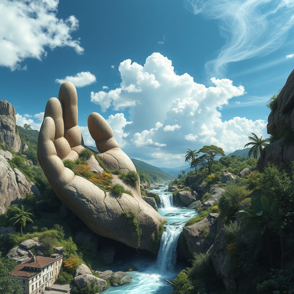 Ancient Rock Hand Cradles Lush Landscape Amidst River and Ce...