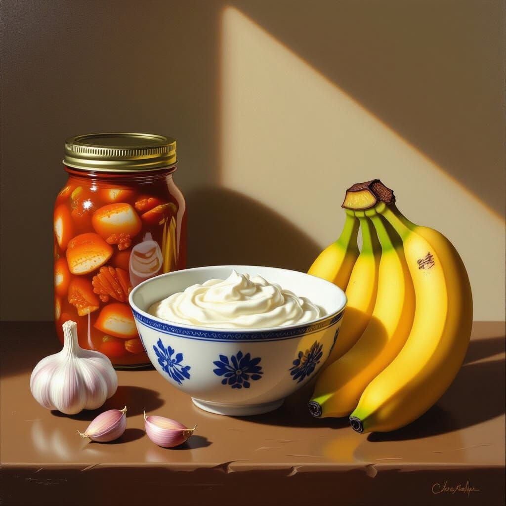 Still Life: Yogurt, Kimchi, Garlic, Bananas in Oil Painting