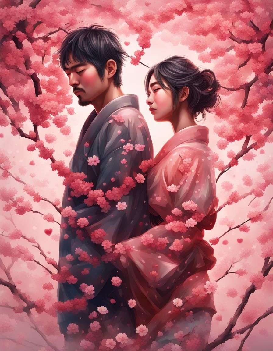 Cherry Blossom Couple in Love, Hyperrealistic Art