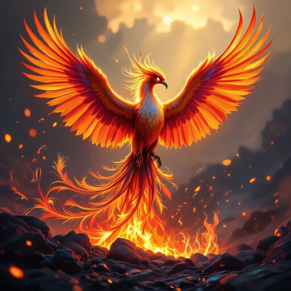 Majestic Phoenix Rises From Embers in Fiery Fantasy Art