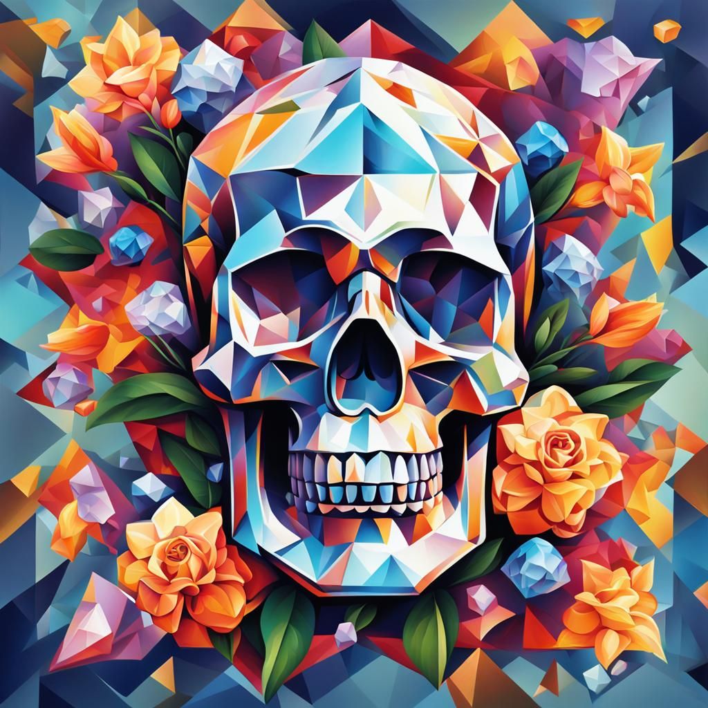 Crystal Skull with Dew Drops in Cubist Style