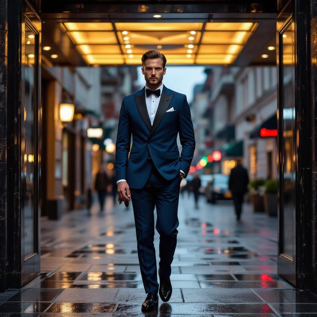 Man in Armani Suit with Bloodied Hands in Stormy Neon Alley