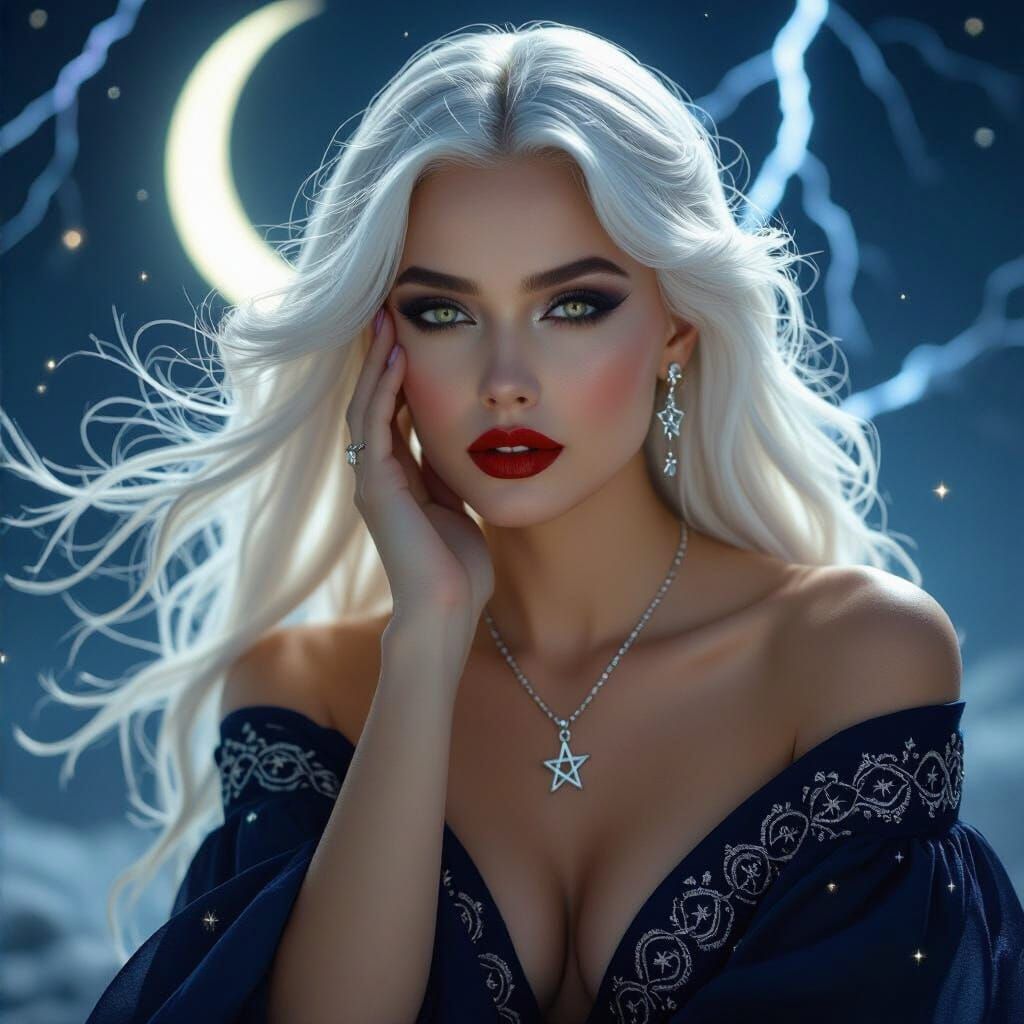 Goddess Face with Flowing Hair Amidst Stars and Lightning