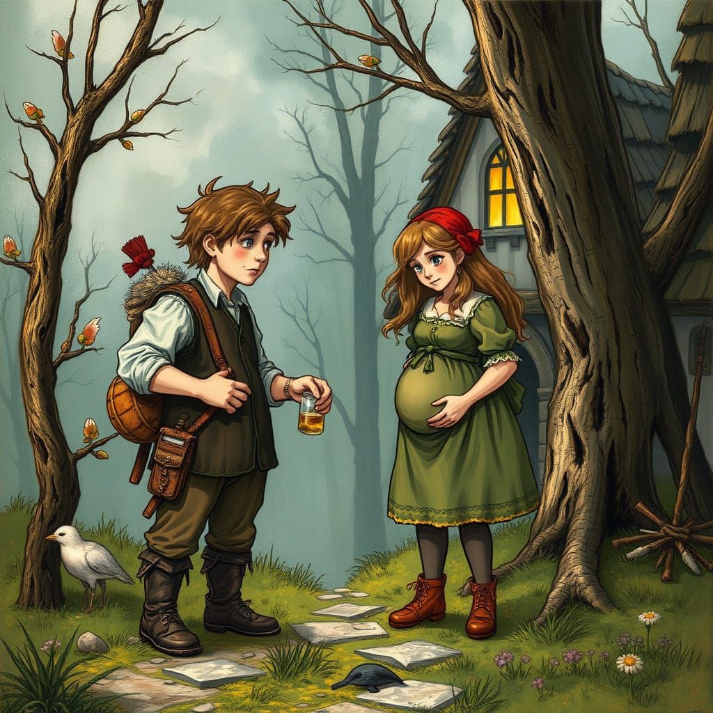 Dark Fantasy Hansel and Gretel Scene in Simon Bisley Style