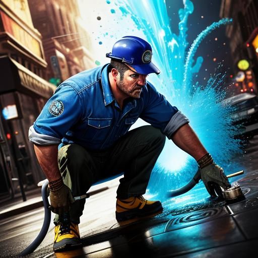 A plumber bent over a an open manhole cover  with a jet hose in his hands Hyperrealistic, splash art, concept art, mid s...