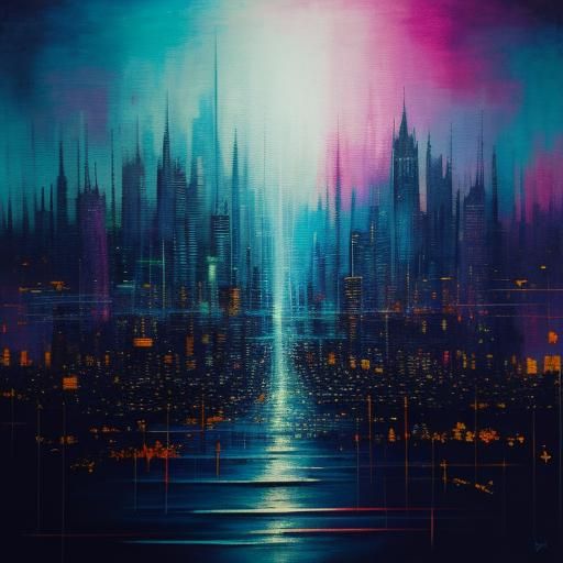 Magical Nighttime Cityscape in Abstract Style