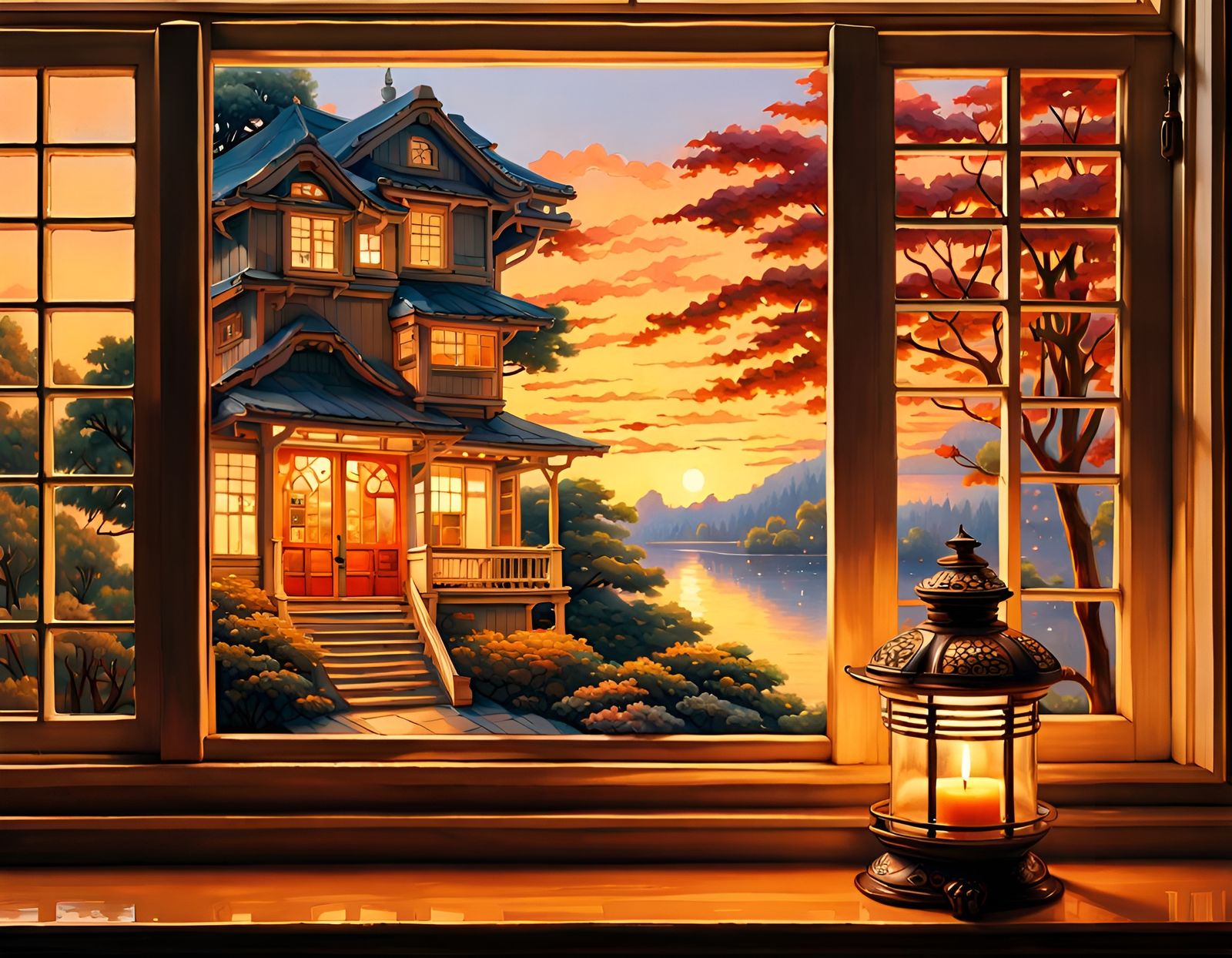 Storybook House in Ukiyo-e Style, Golden Hour