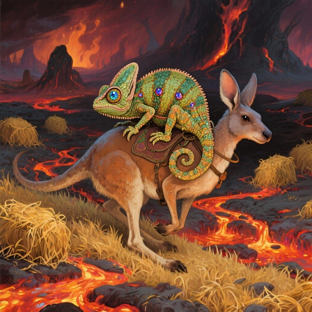 Whimsical Kangaroo Carries Jewel-Eyed Chameleon Across Lava ...