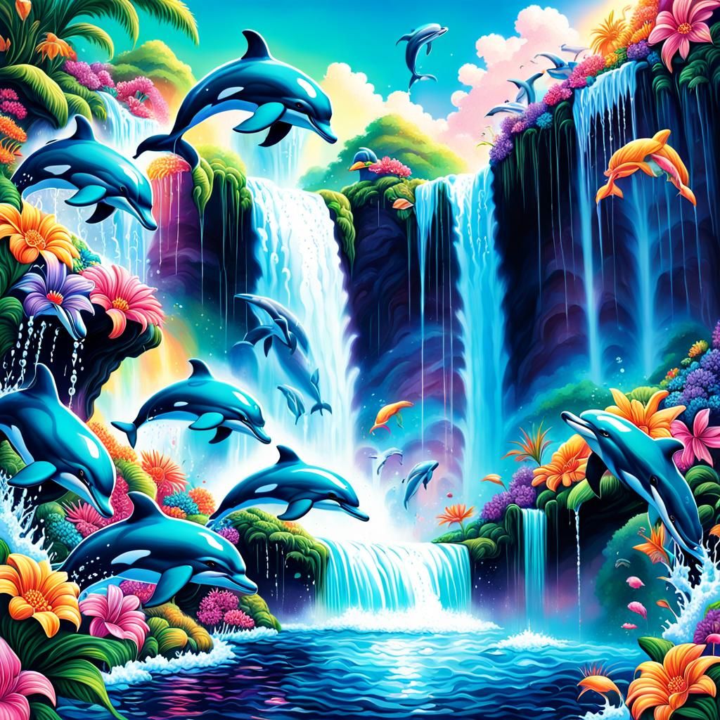 Lisa frank style waterfall with dolphins and flowers