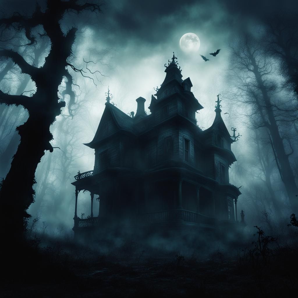 Spooky Haunted House Silhouette in Misty Forest
