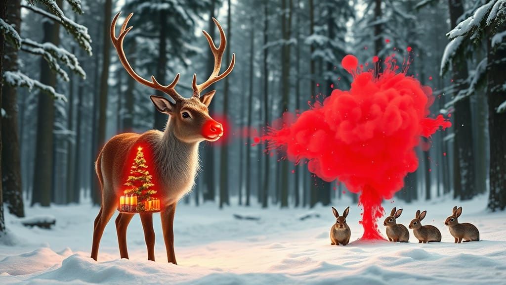 Surreal Photorealistic Scene of Rudolph the Reindeer in a Sn...