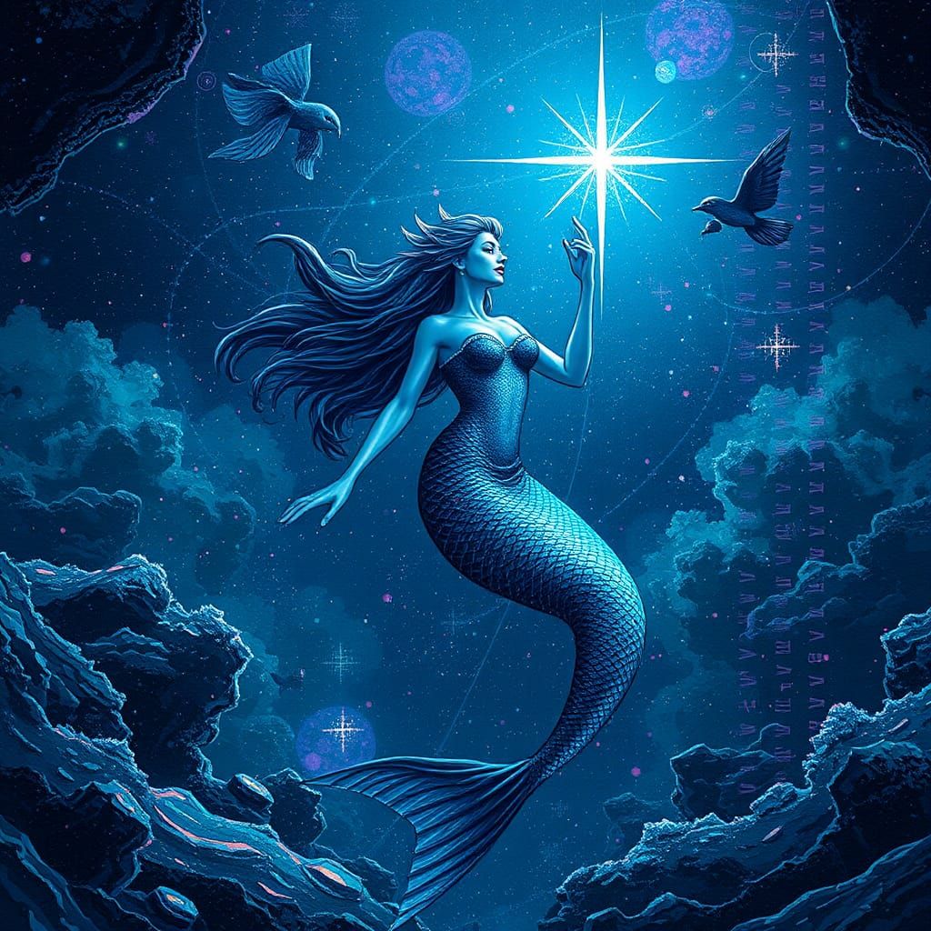 Abstract Mermaid with Glitch and Constellation Elements