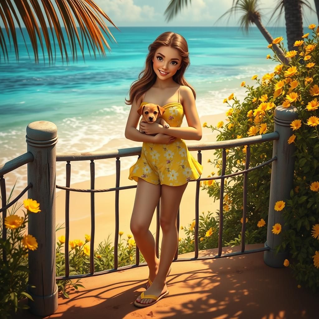 Belle with Puppy on Sunny Beach, Hyperrealistic Style