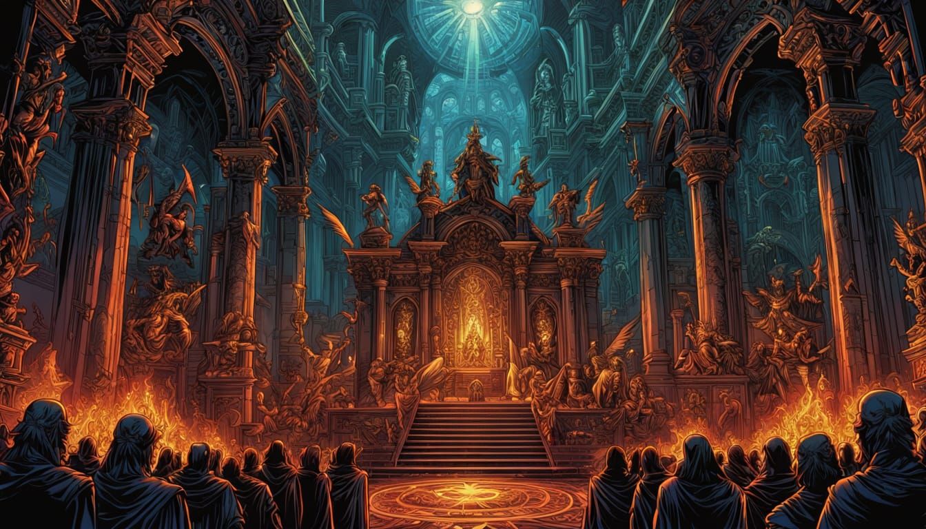 Angels and Demons at Altar in Baroque Comic Style