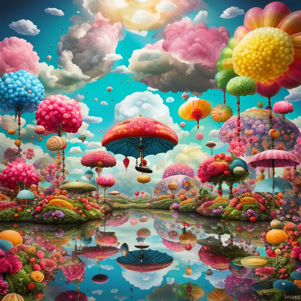 Surreal Landscape with Smiling Flowers, Murakami and Magritt...