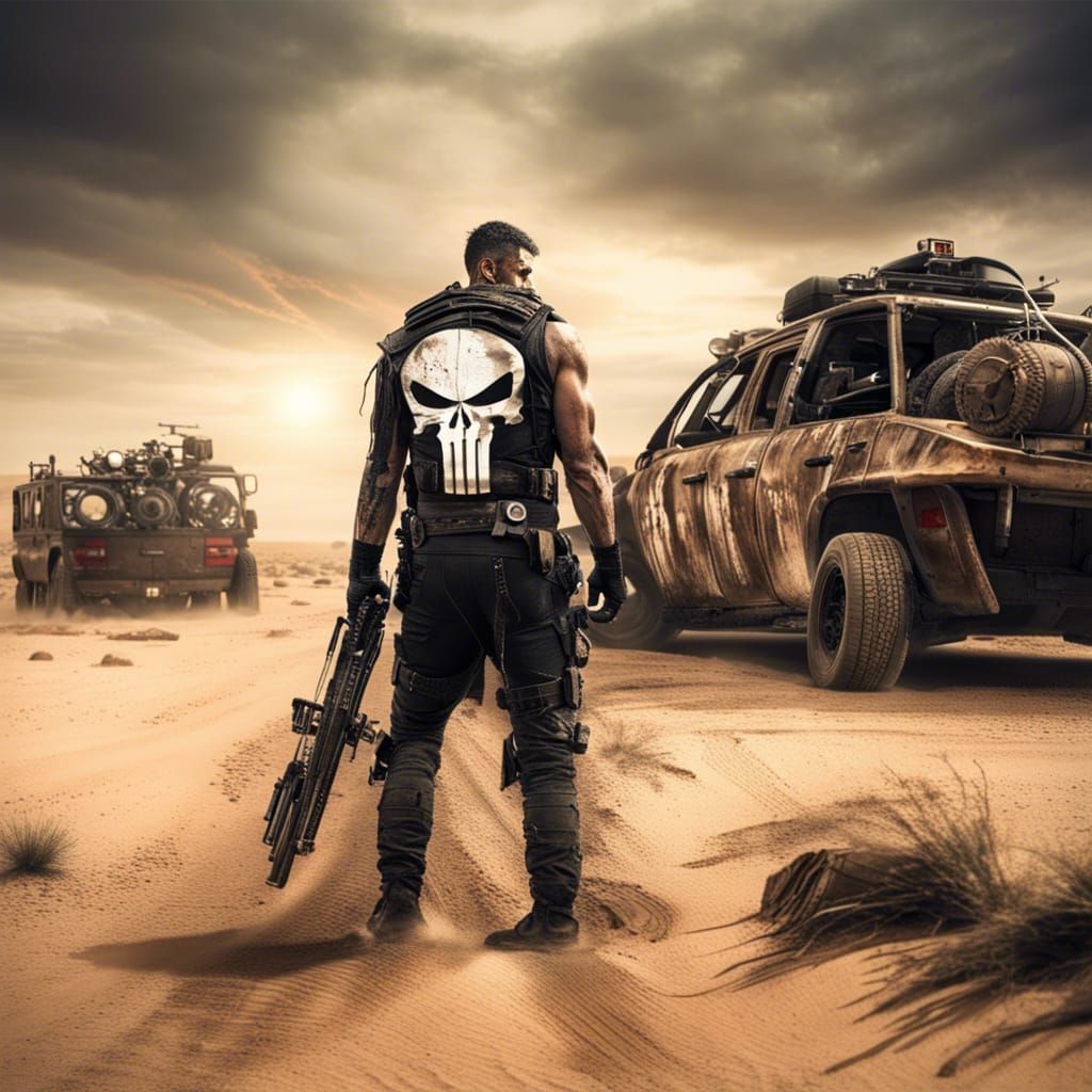 Hyperrealistic Punisher in Dystopian Desert Scene