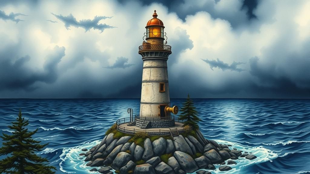 Steampunk Lighthouse on Peninsula: Alcohol Ink Painting