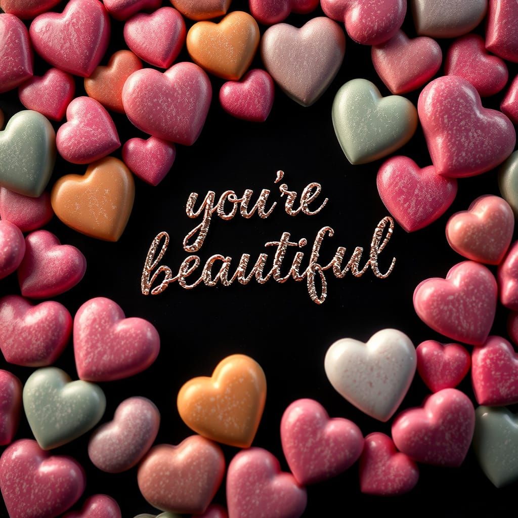 Vibrant Array of Candy Hearts in Metallic Ink on Black Velve...