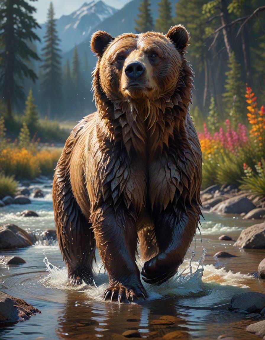 Grizzly Bear Emerges from the Stream in Vibrant Color