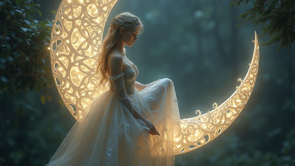 elf princess sitting on a mystical mithril moon made of celtic scrollwork