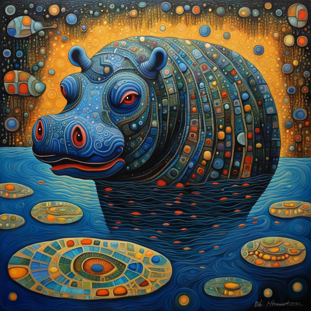 Mystic Hippo Underwater in Expressionist Oil Painting