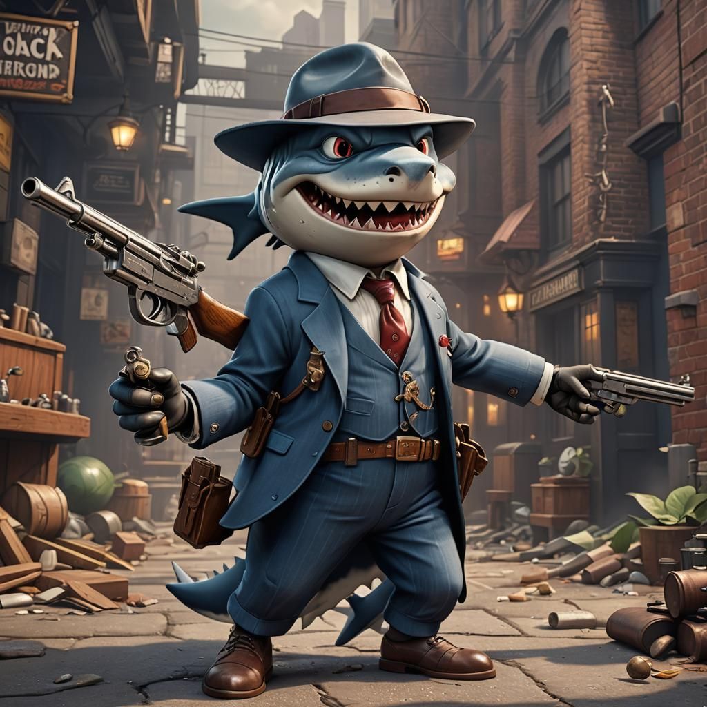 Cartoon Shark Gangster with Tommy Gun, Digital Art