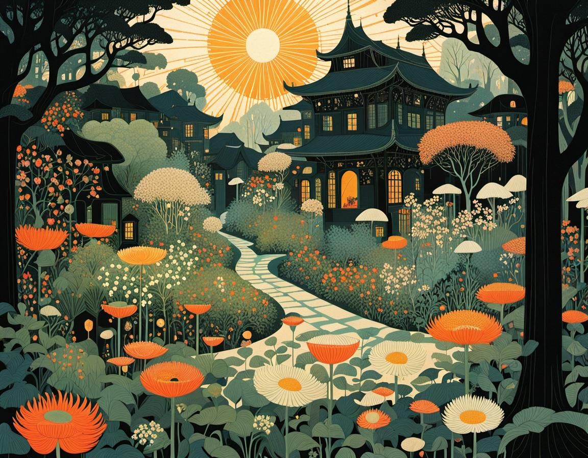 Sunlit Garden Illustration in Expressive Style