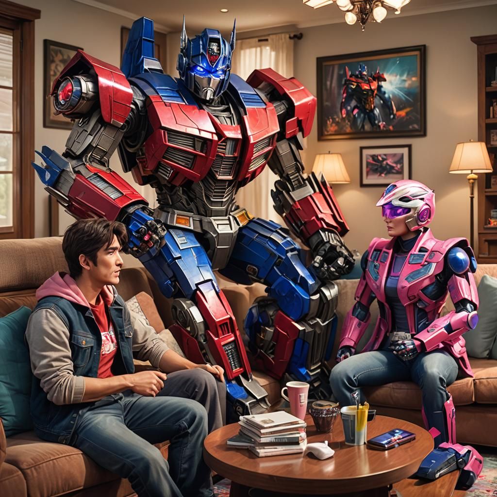 Transformers Relaxing on Couch in Casual Human Clothes