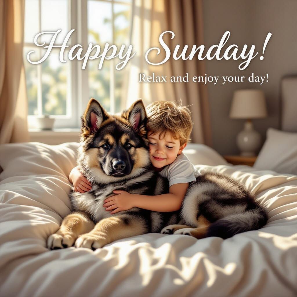 Boy and German Shepherd Puppy Cuddle in Hyperrealistic Paint...