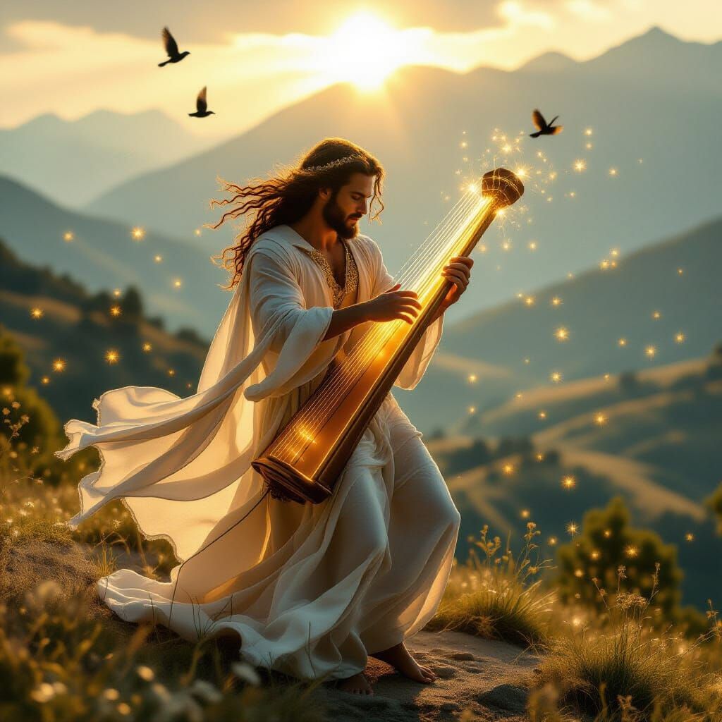 Biblical King David Plays Divine Harp on Sunlit Hilltop