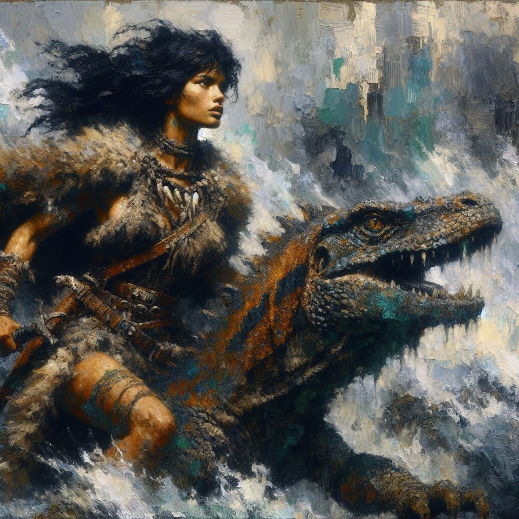 Barbarian Warrior Woman Rides Komodo Dragon in Impasto Paint...