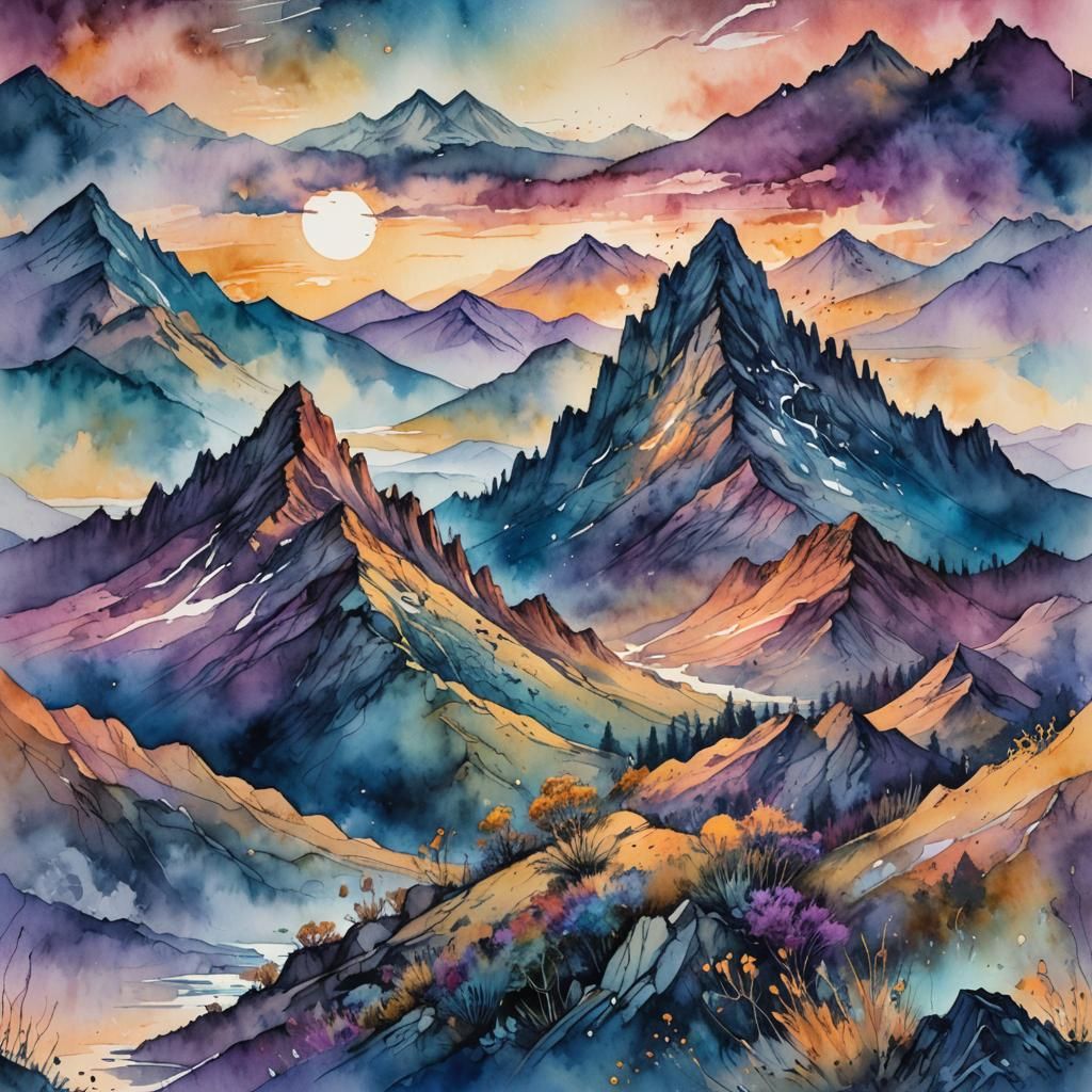 Mystical Mountain Landscape at Sunset in Watercolor Style