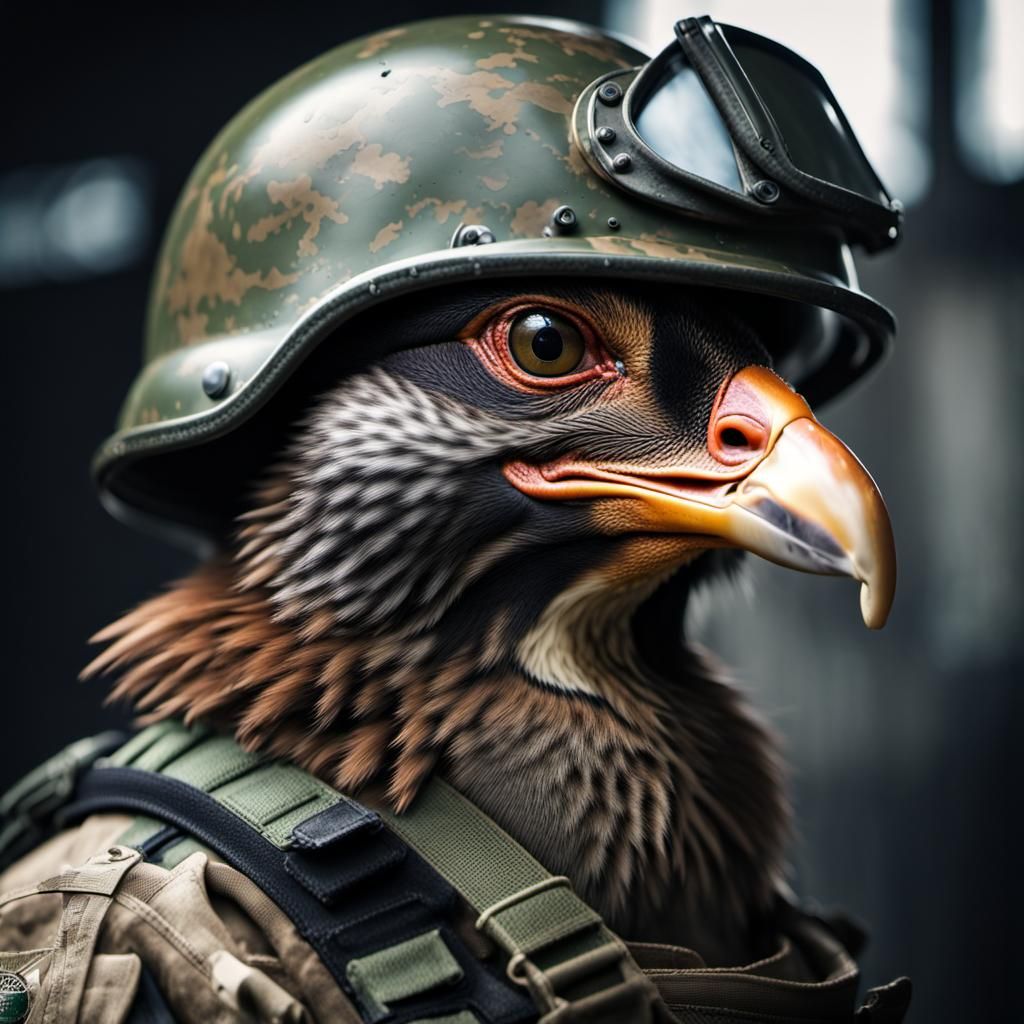 Duck in Military Helmet: Hyperrealistic Image