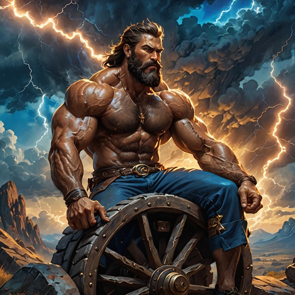 Heroic Fantasy Man with Lightning Bolt and Wheel